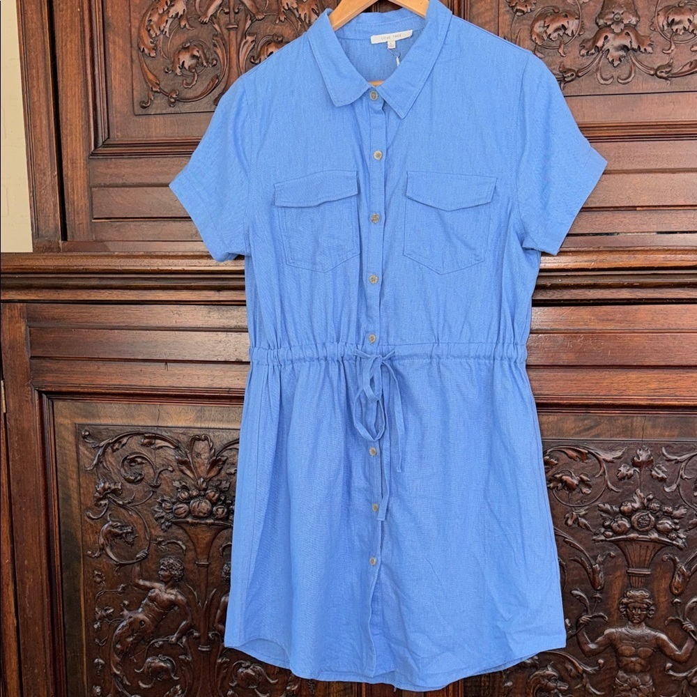 Love Tree dress Light Blue Linen blend collar flap chest pockets NEW large